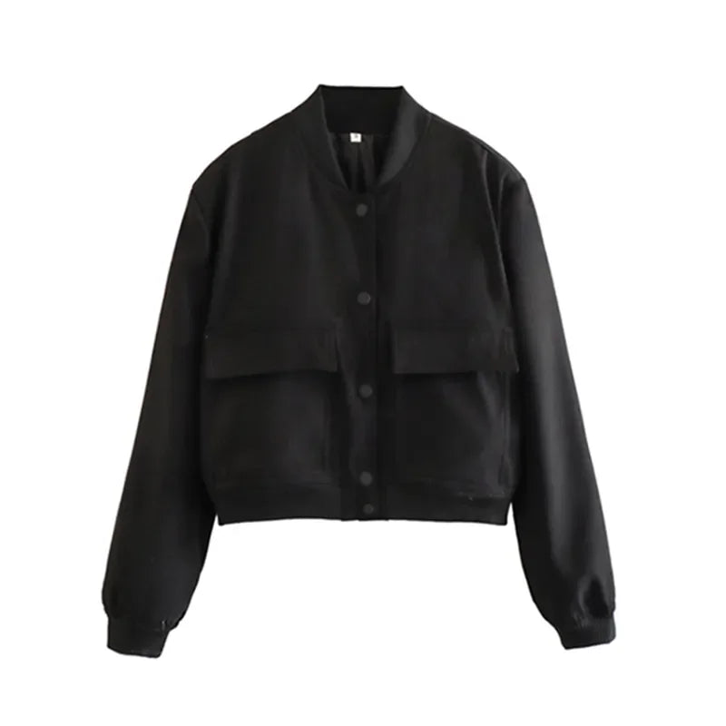 Bomber Jacket Women 2023 Fashion Button Pocket Long Sleeve Crop Tops Streetwear Baseball Jackets Winter Casual Coats Outerwear