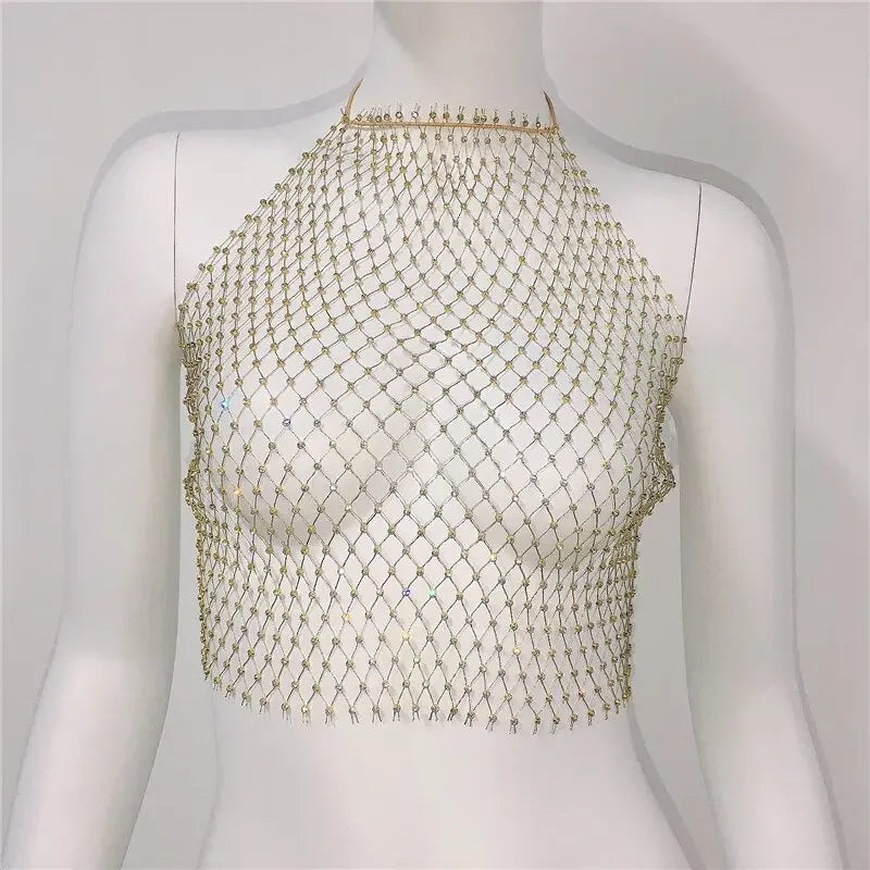 Fishnet Glitter Rhinestone Crop Top Sexy Hollow Out Mesh Sheer Women Beach Y2K Camis Crystal Diamond Club Rave Party Tank Tops