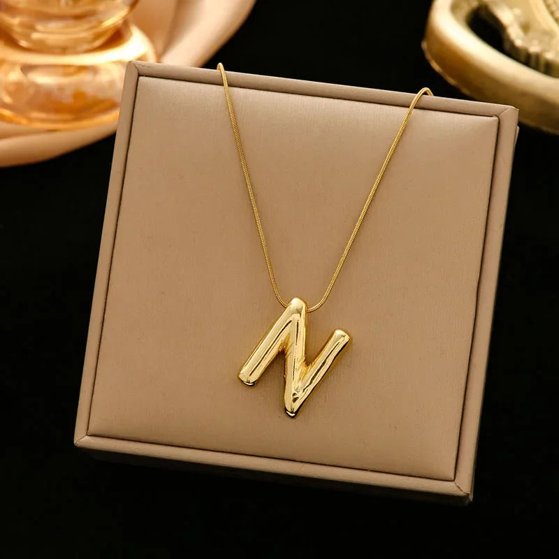 Stainless Steel Chain Gold Plated Letter Necklaces Chunky Alphabet Balloon Bubble Initial Pendant Necklace for Women Men Jewelry
