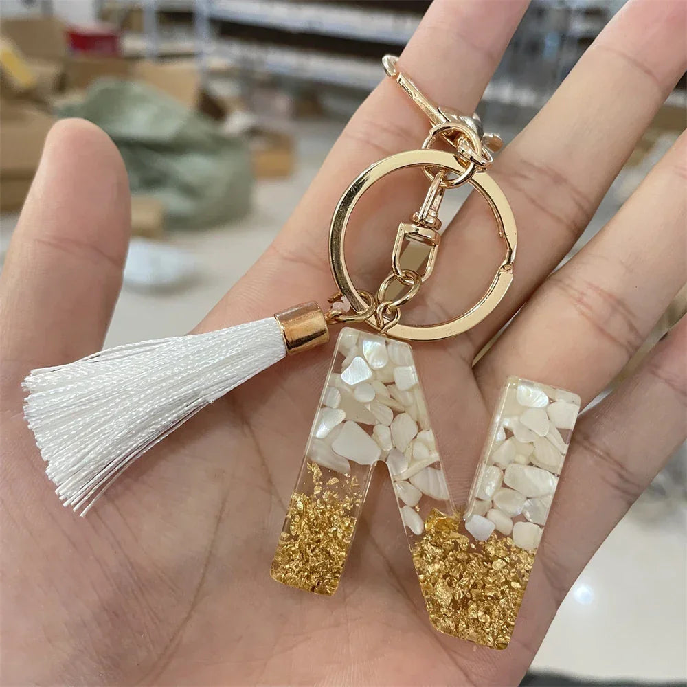 Fashion Bling A to Z Letter Keychain With White Tassel 26 Initial Keychain Car Key Holder Handbag Accessories