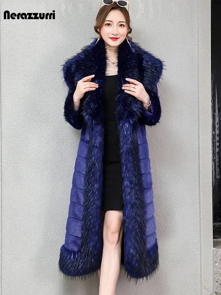 Nerazzurri Winter Long Striped Warm Sapphire Blue Luxury Fluffy Faux Mink Fur Coat with Fox Fur Trim European Overcoat Fashion