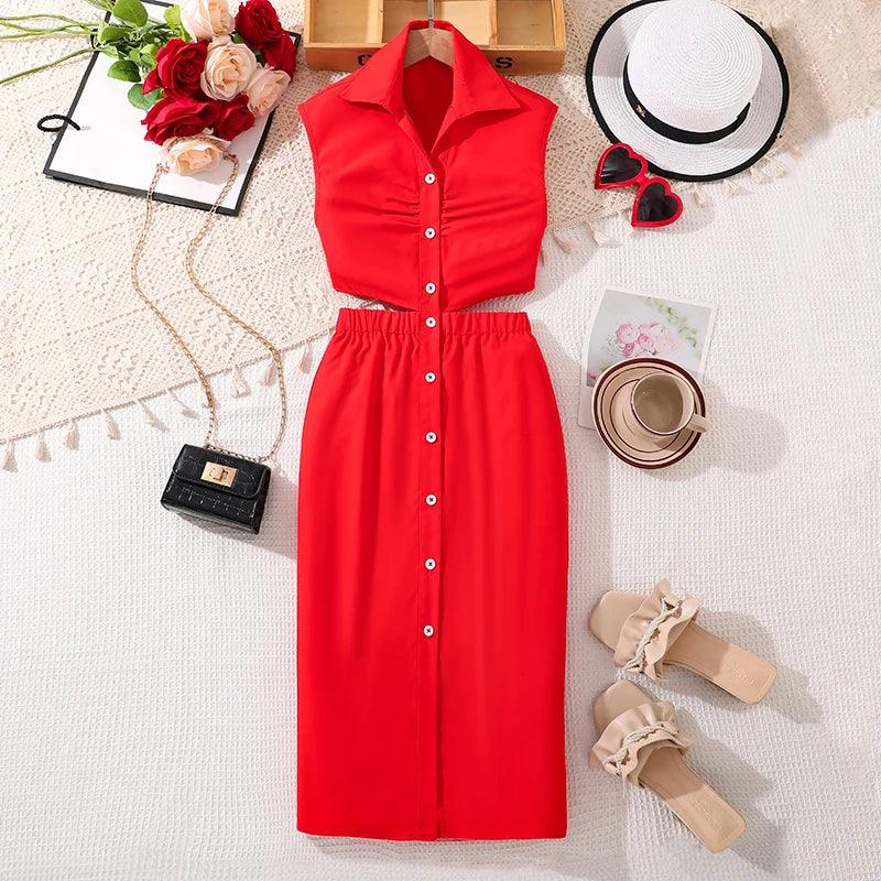 LUXTEEN Red Sleeveless Button Down Dress