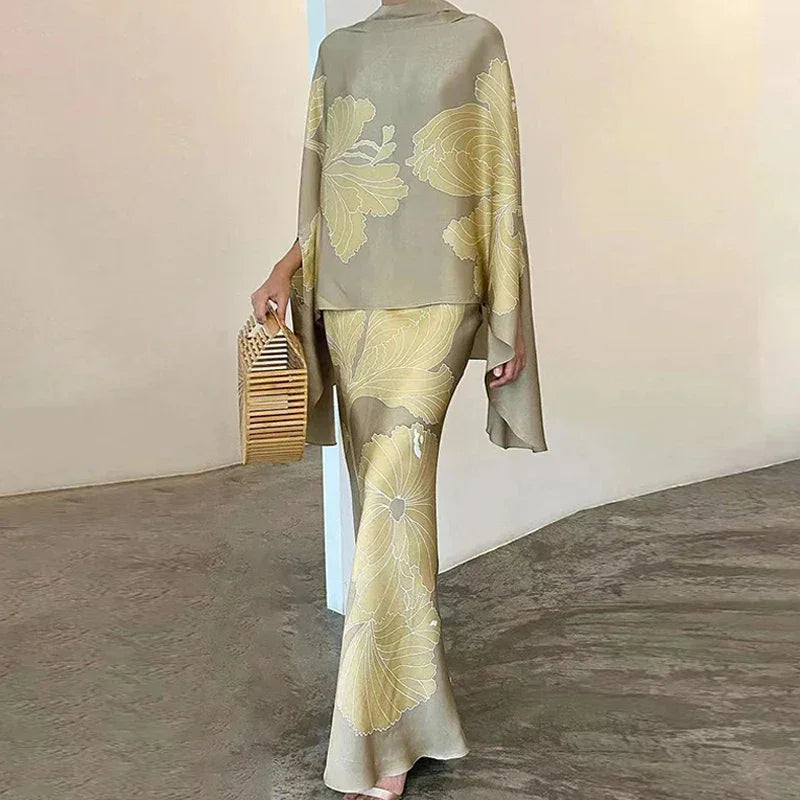 Satin Elegant Blouse & Slim Long Skirt Suit