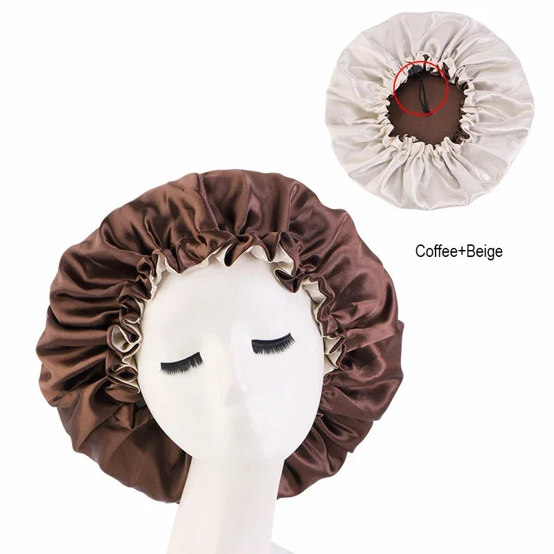 Reversible Satin Hair Caps Bonnets Double Layer Adjust Headwear Curly Hair Cover Hat For Sleeping Women Styling Accessories
