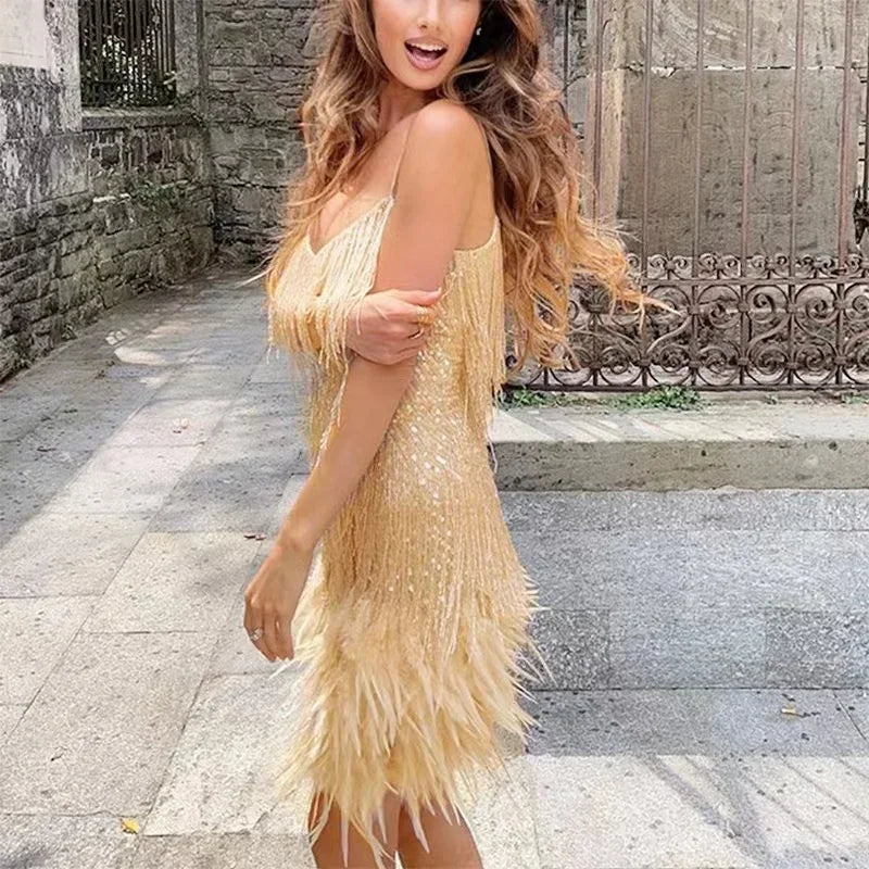 Fringe Sequin Feather Event Dress