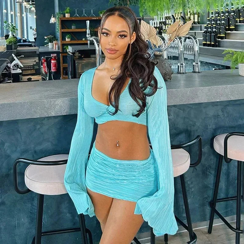 Destiny Beach Club Flared Long Sleeve Top & Skirt Set