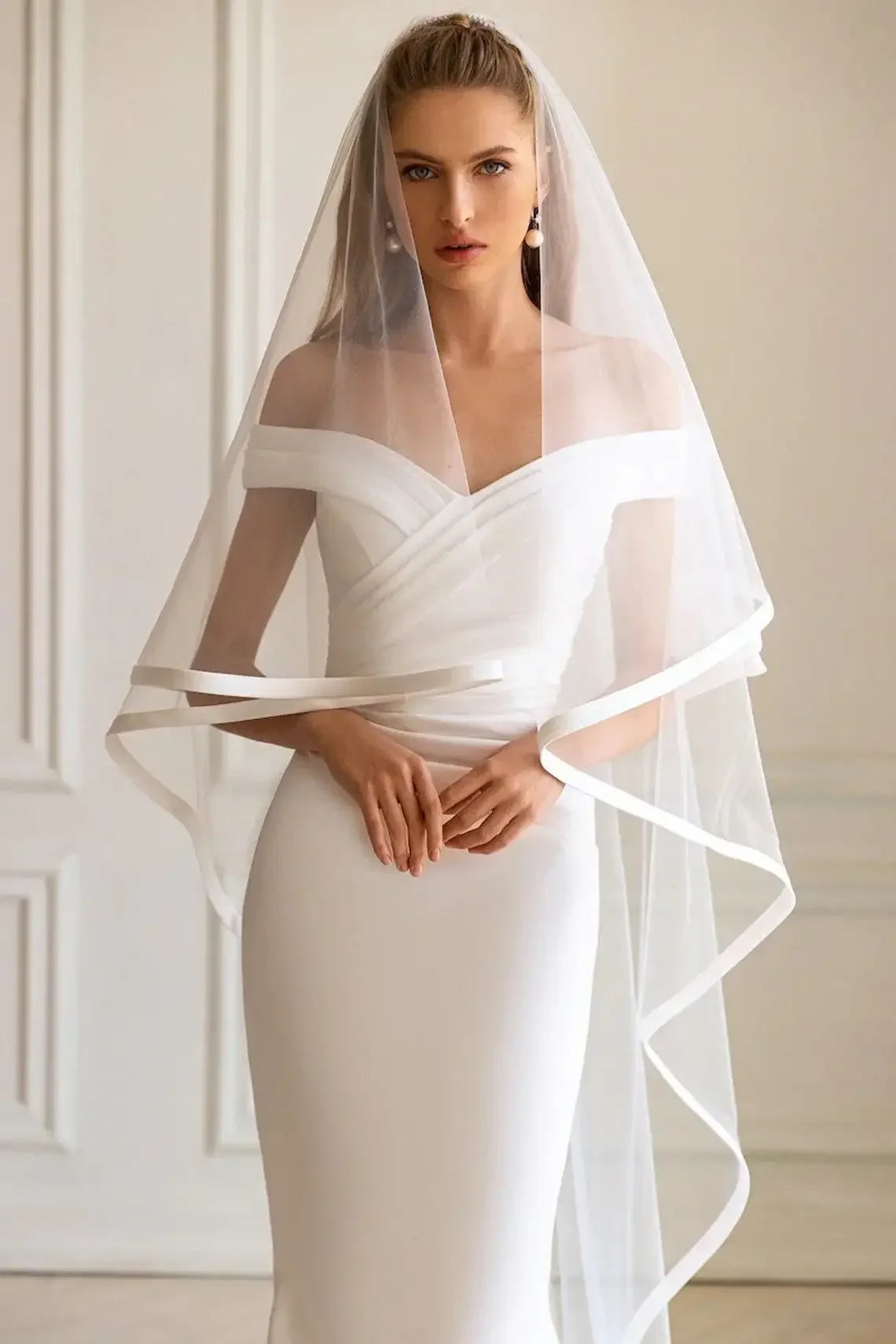 Satin Ribbon Wedding Veils 2023 Tea Length Two Layer with Comb Bridal Veil Party Bride Veils Women Hair Accessory