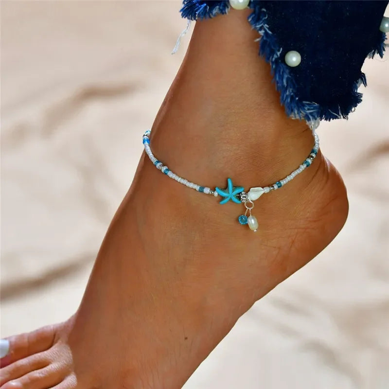 Modyle Vintage Silver Color Beads Starfish Anklets For Women Handmade Beaded Ankle Bracelet Summer Beach Foot Jewelry