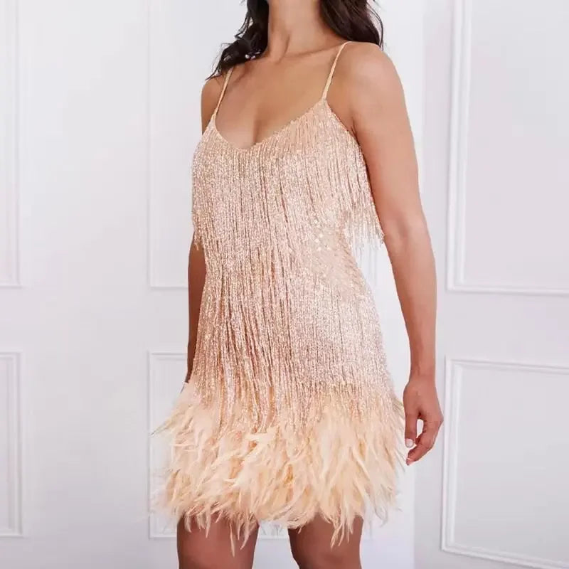 Tassel Sequin Feather Mini Dress