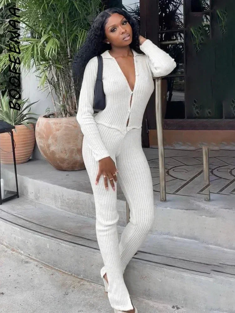 Sunday Comfy Ribbed White Long Sleeve Jumpsuit