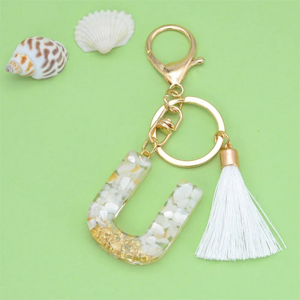 Fashion Bling A to Z Letter Keychain With White Tassel 26 Initial Keychain Car Key Holder Handbag Accessories