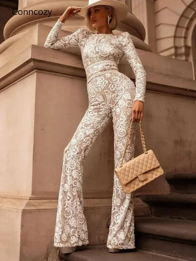 Spring Sexy Jumpsuits Elegant Chic Women Hollow Out Lace Jumpsuits Long Sleeve High Waist Tight Evening Party Overalls White