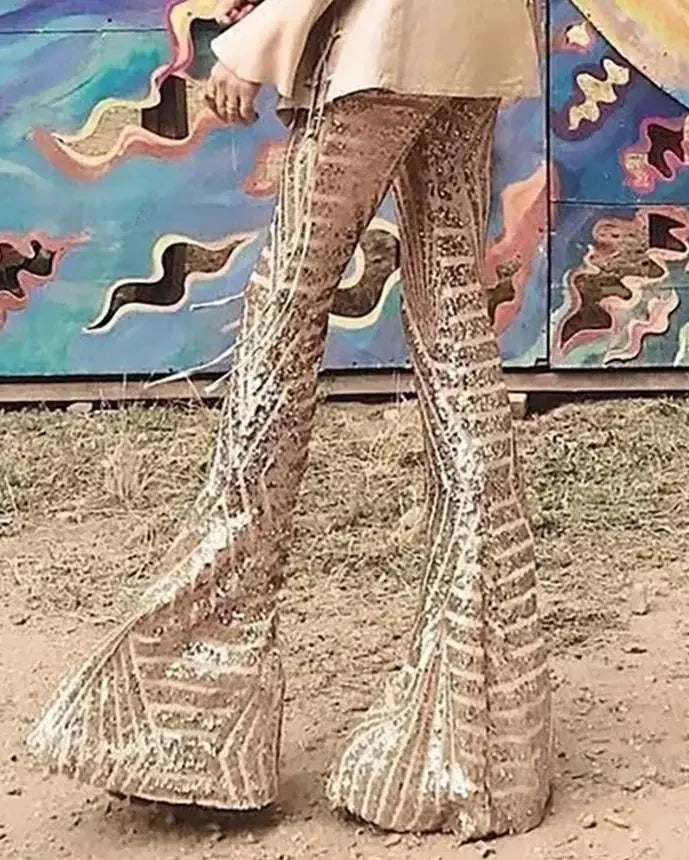 Glitter High Waist Bell Bottom Pants