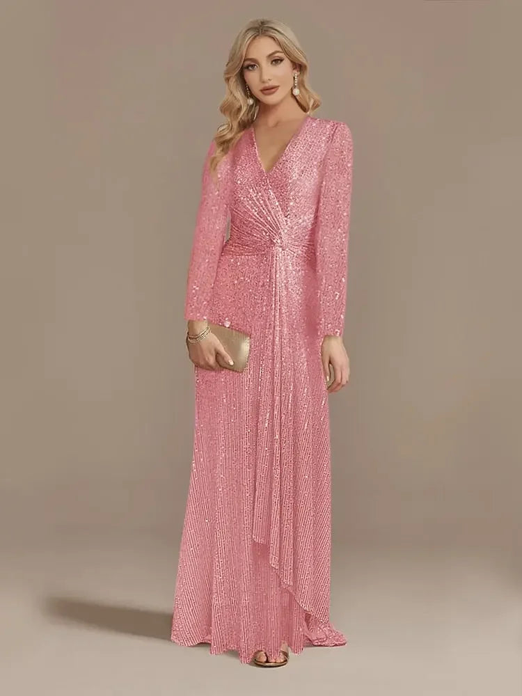 Luxury Long Sleeve V-Neck Formal Evening Dress