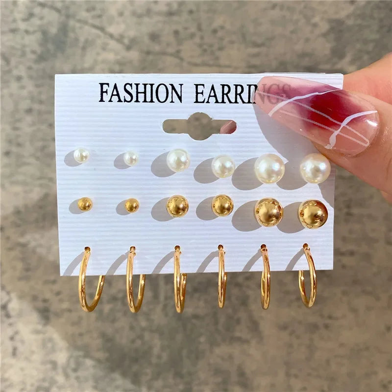 Boho Big Circle Hoop Earring Set for Women, Gold Color Bohemia Vintage Pearl Earring, Heart Zircon Ear Studs Jewelry Gifts