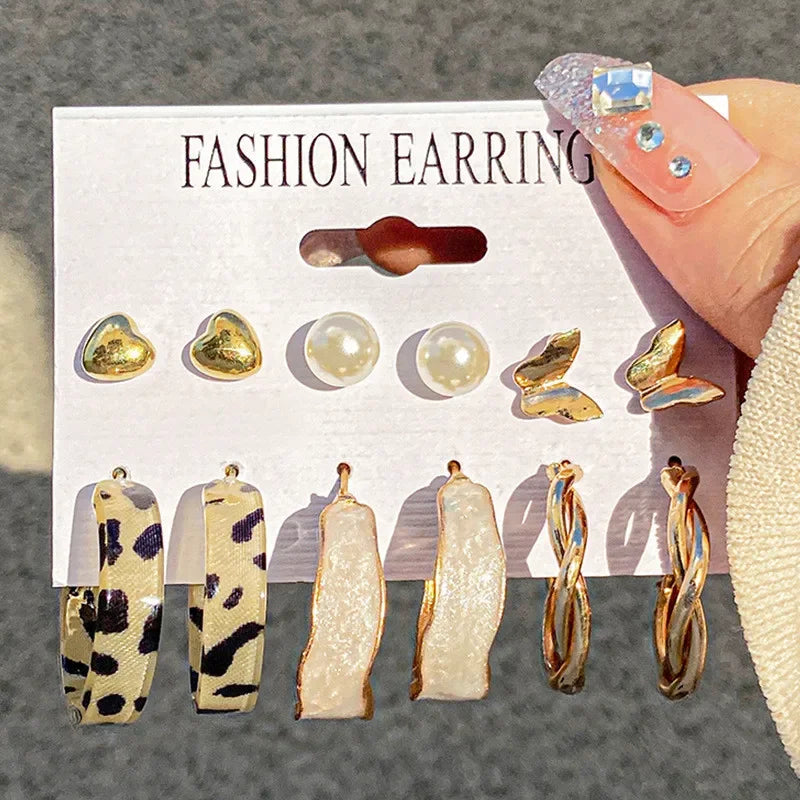 Boho Big Circle Hoop Earring Set for Women, Gold Color Bohemia Vintage Pearl Earring, Heart Zircon Ear Studs Jewelry Gifts