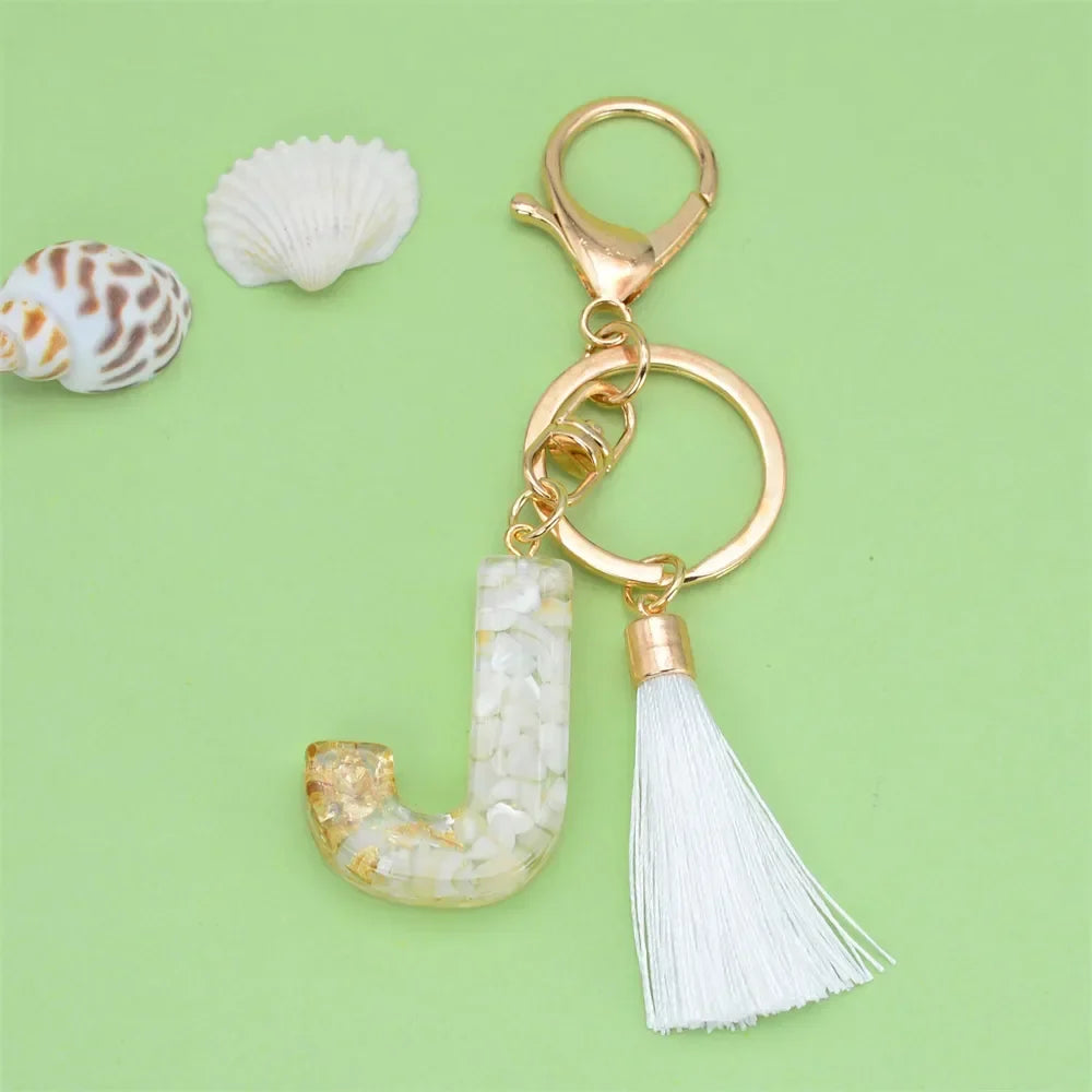 Fashion Bling A to Z Letter Keychain With White Tassel 26 Initial Keychain Car Key Holder Handbag Accessories