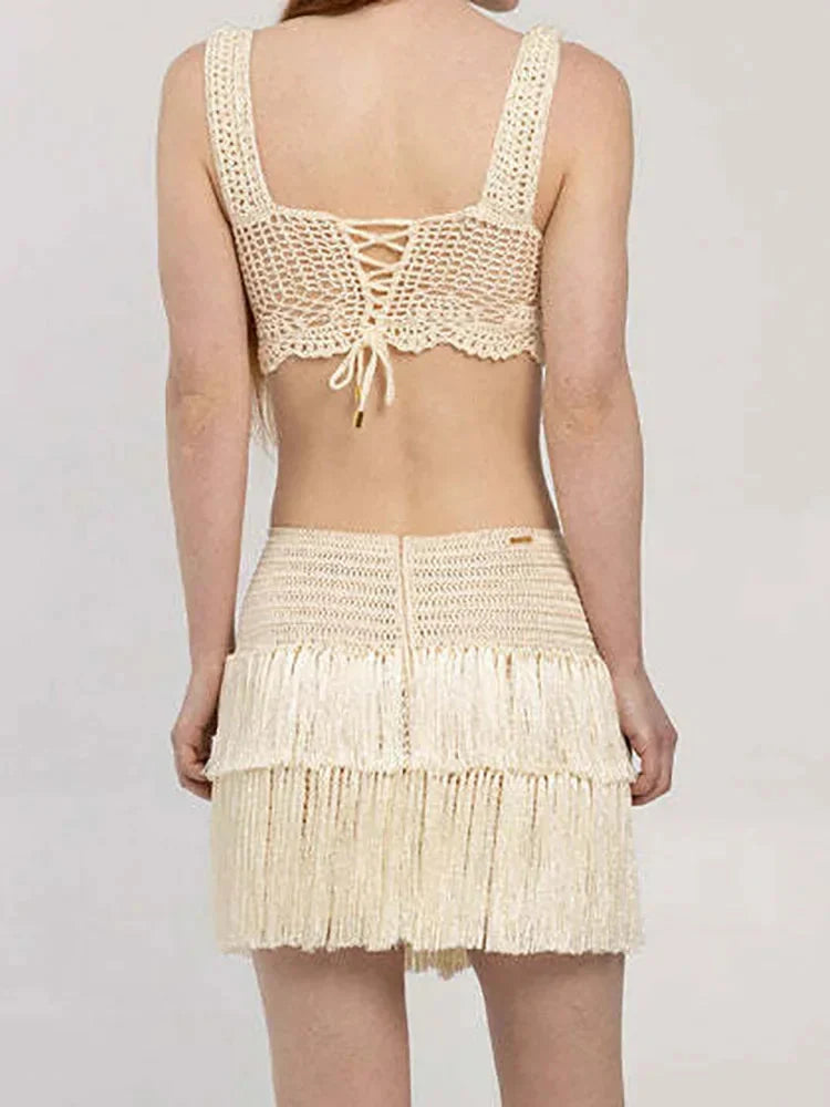 Short Top Mini Skirts Two Pieces Sets, Summer Women Holiday Sexy Sleeveless Outfit, 2025 Hollow Out Patchwork Chic Ladies Suits