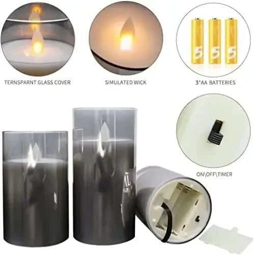 Led Flameless Candles, Battery Operated Flickering Candles Pillar Real Wax Moving Flame Electric Candle Sets Gold Glass