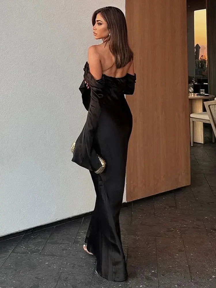 Elegant Satin Flare Sleeve Maxi Dress