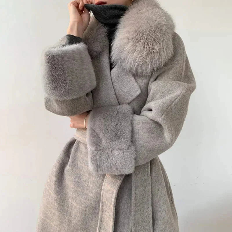 2024 Women Fashion Cashmere Coats 100% Real Mink Fur Cuff Long Outerwear Wool Jackets Fox Collar Lady Clothing