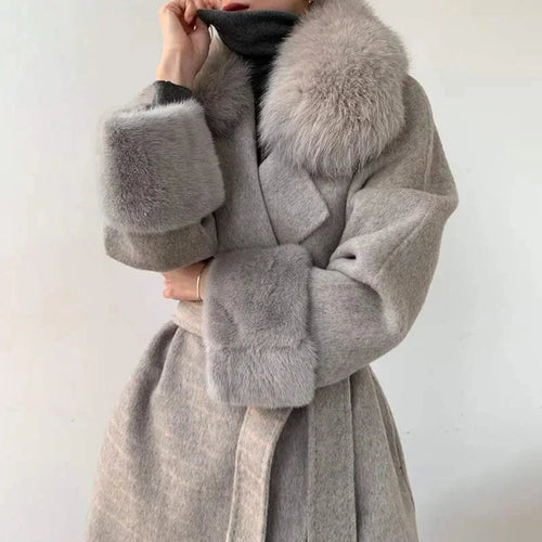 2024 Women Fashion Cashmere Coats 100% Real Mink Fur Cuff Long Outerwear Wool Jackets Fox Collar Lady Clothing