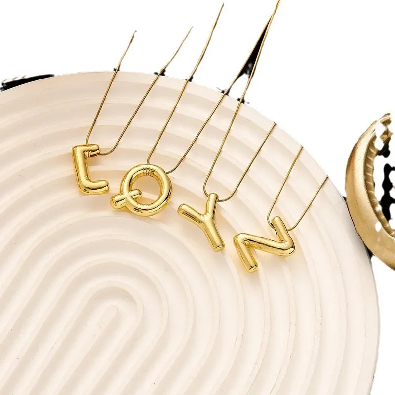 Stainless Steel Chain Gold Plated Letter Necklaces Chunky Alphabet Balloon Bubble Initial Pendant Necklace for Women Men Jewelry