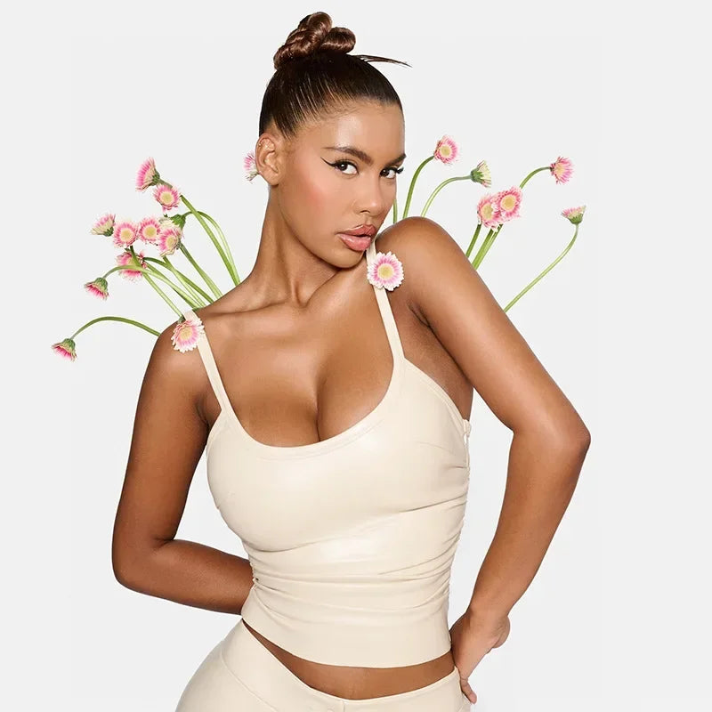 Fashion Women PU Leather Bustiers Camisole Pleated Crop Tops Sleeveless Slim Bralette Tank Vest Party Soft Leather Camis Tops