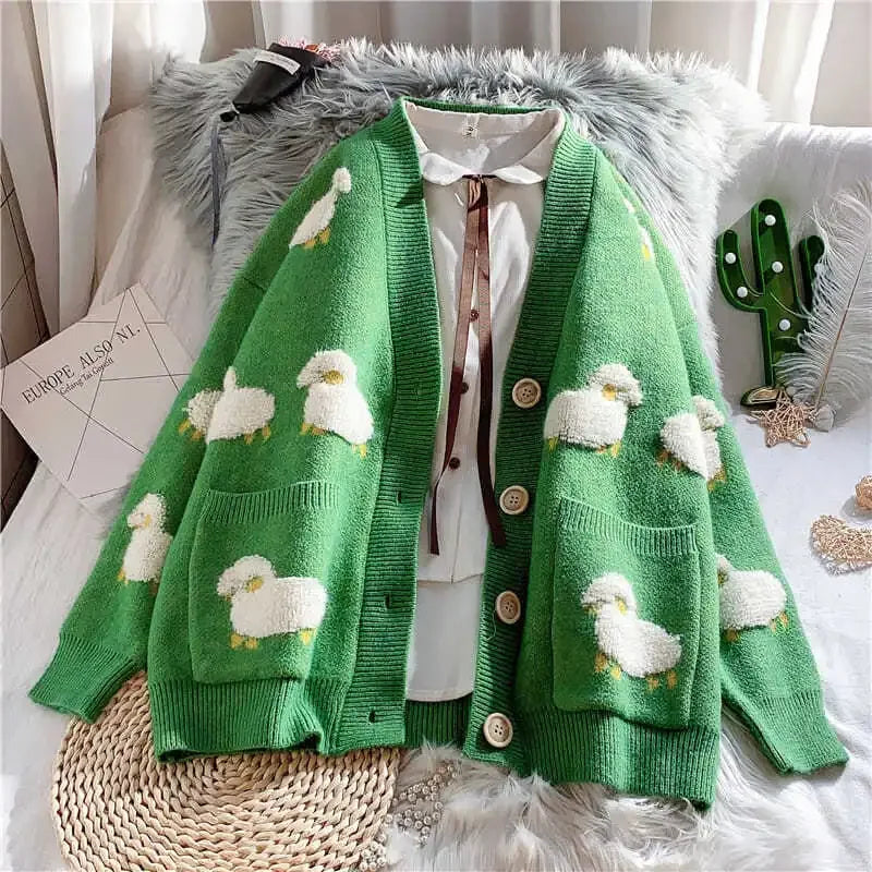 Sheep Cartoon V-Neck Long Sleeve Loose Knitted Sweater Women's Cardigan Korean Fashion Autumn Winter Thick Cardigan For Women