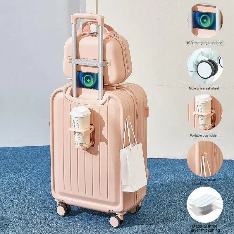 Large Pastel Suitcase With USB Charging Port & Cup Holder