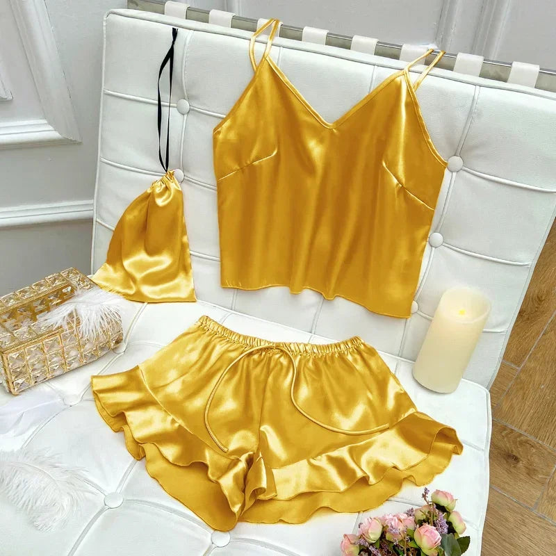 Fashion Sexy Underwear Set Women's 2 Pieces Sleepwear Pyjamas Silk Satin Bellyband Cami Top and Shorts Pajamas for Women Pijamas