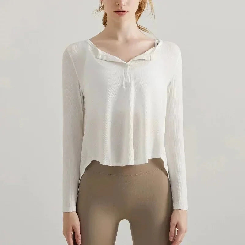 Women's loose sports T-shirt, breathable yoga suit, long sleeved cover up, fitness training yoga top