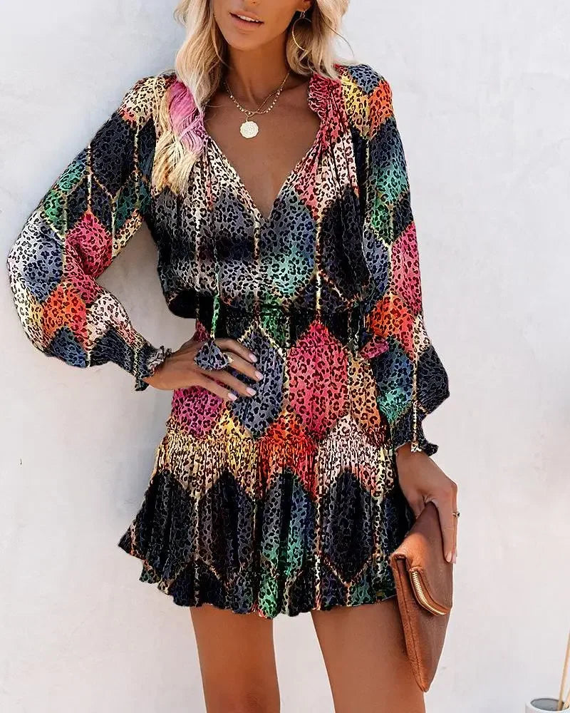 Spring Floral Lantern Sleeve Ruffle Mini Dress
