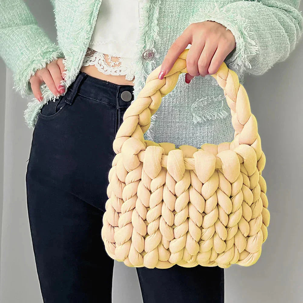 Beach Crochet Handbag Summer Straw Rope Knitting Top-Handle Bag for Women's Icelandic Wool Handmade Clutch Bag Lightweight Totes