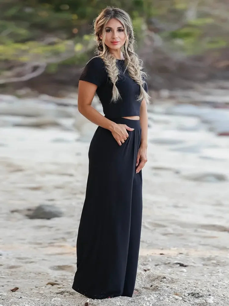 LUX Ladies Classic Lounge Short Sleeve Top + Wide Leg Pants Set