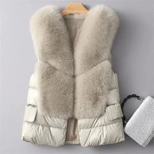 Leather and Fur Vest Women's Short Down Feather Imitation Fox Slim Temperament Jacket 23 New Autumn and Winter Fashion All-match