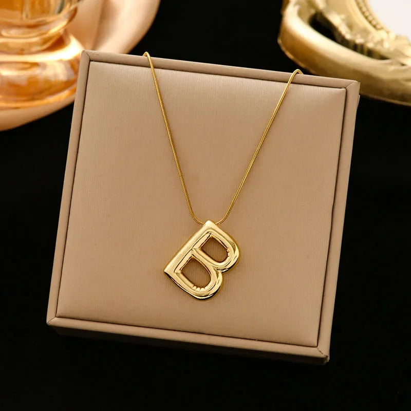 Stainless Steel Chain Gold Plated Letter Necklaces Chunky Alphabet Balloon Bubble Initial Pendant Necklace for Women Men Jewelry