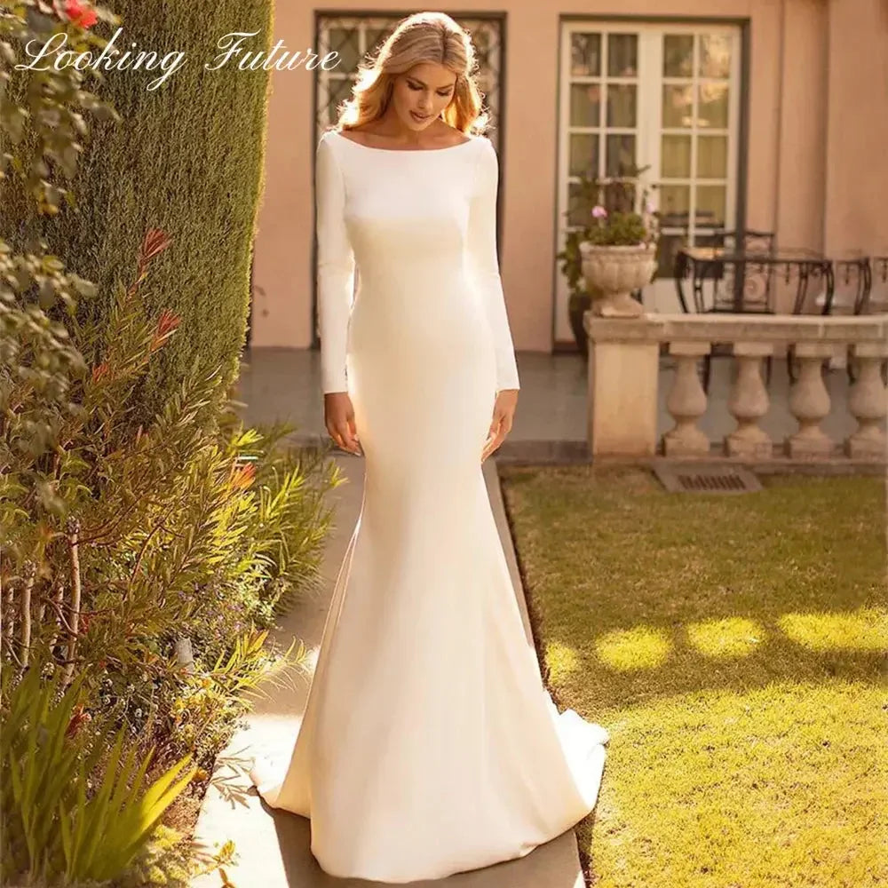Elegant Mermaid Wedding Dresse Satin Cowl Back O-Neck Bridal Gown Simple White Long Sleeves Vestido de Novia 2023 Sweep Train