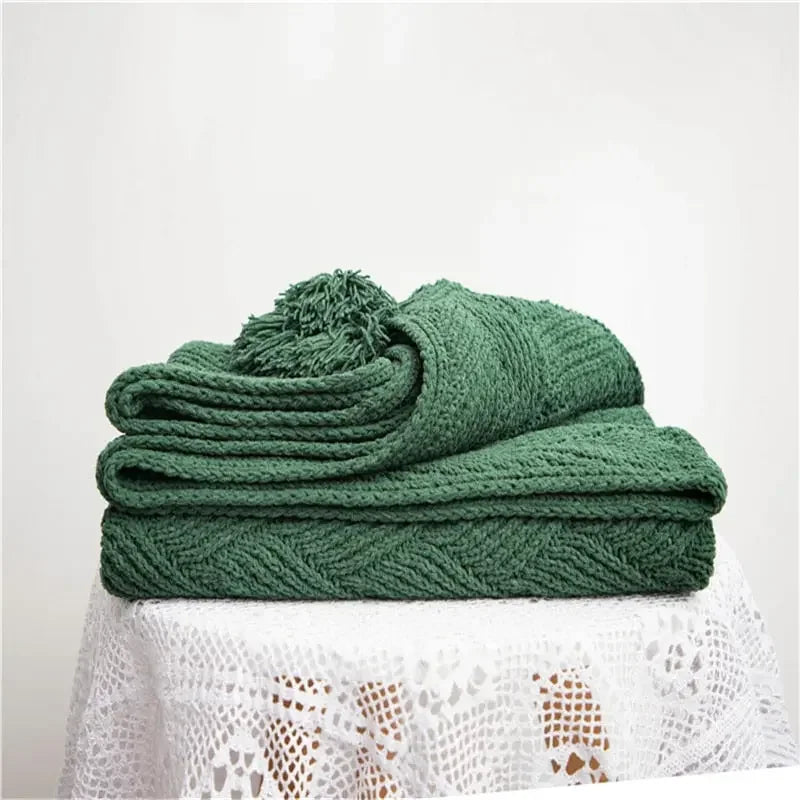 Chunky Knit Chenille Blanket With Pompoms
