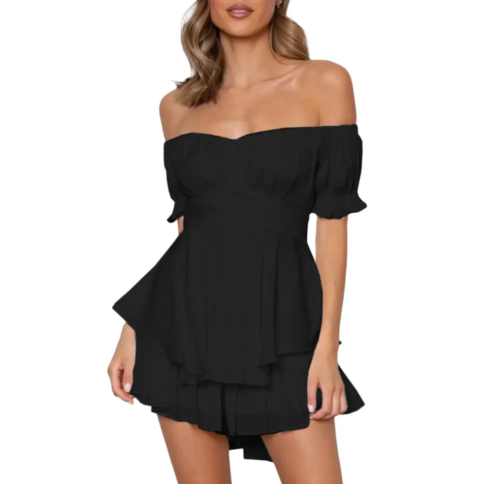 Women s Boho Off Shoulder Romper Double Layer Ruffle Hem Lantern Long Sleeve Waist Tie Back Chiffon Short Jumpsuits
