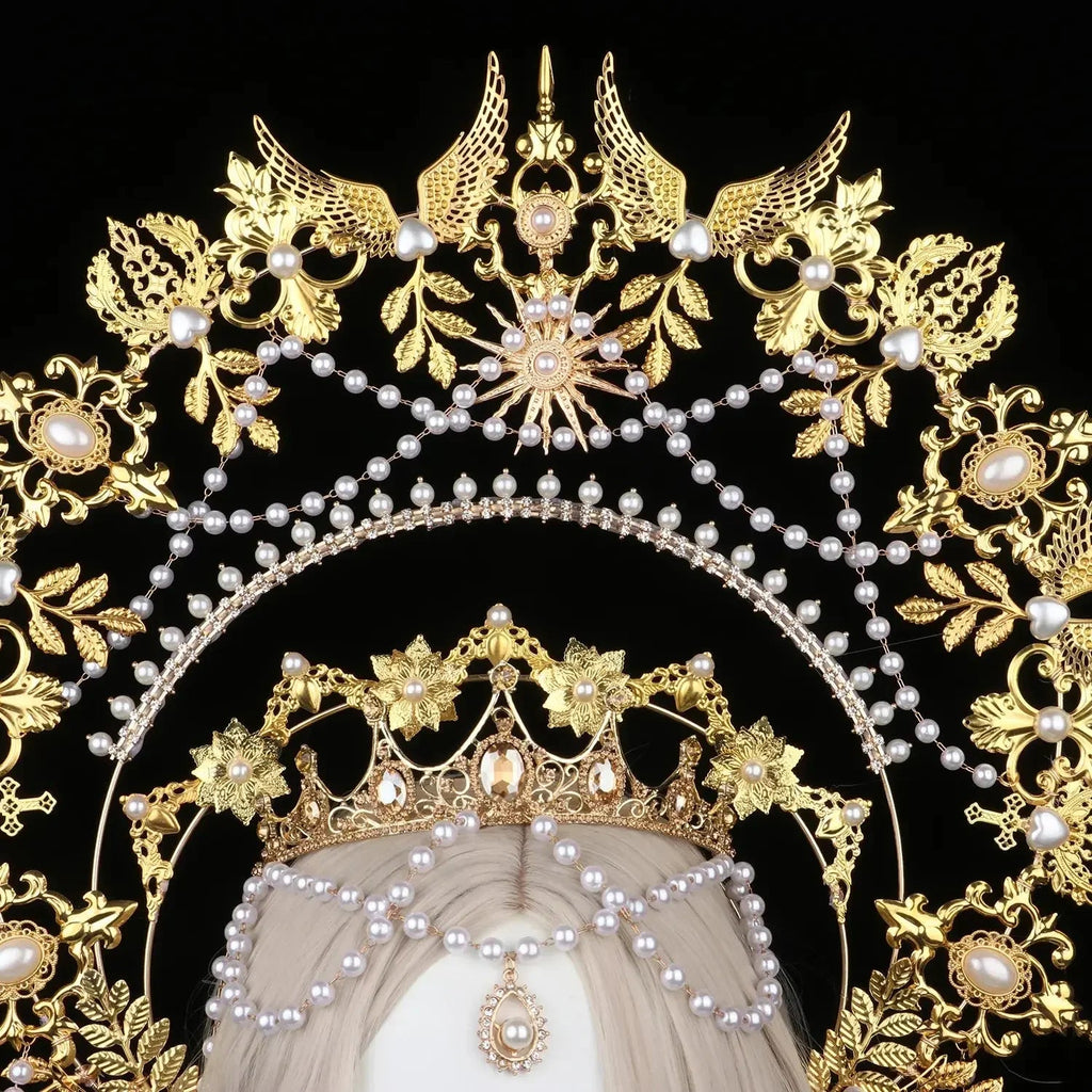 Sun Goddess Angel KC Halo Crown Headpiece Queen Anna Baroque Pearl Tiara Headband Lolita Collection Gothic Accessories
