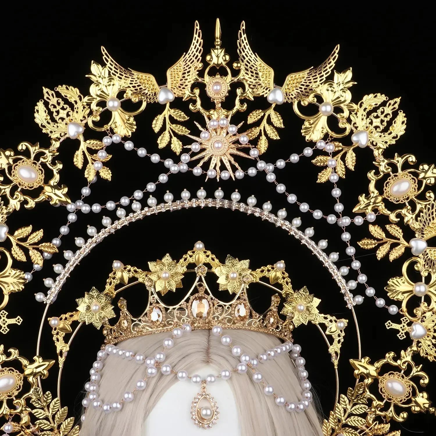 Sun Goddess Angel KC Halo Crown Headpiece Queen Anna Baroque Pearl Tiara Headband Lolita Collection Gothic Accessories