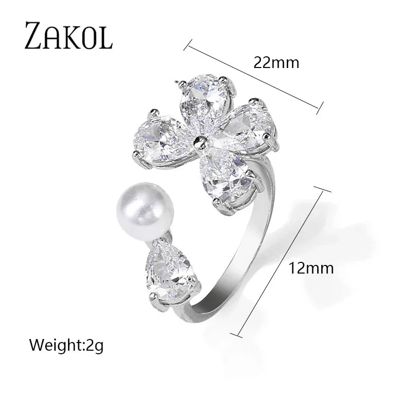 ZAKOL Korea Shiny Cubic Zircon Leaf Shape Open Rings for Women Fashion Geometry Crystal Finger Ring Anillos for Party Jewelry