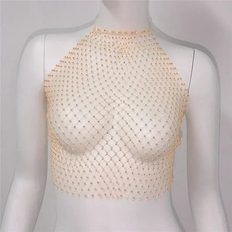 Fishnet Glitter Rhinestone Crop Top Sexy Hollow Out Mesh Sheer Women Beach Y2K Camis Crystal Diamond Club Rave Party Tank Tops