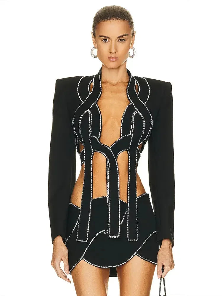Luxury Diamond Long Sleeve Outfit Party Set