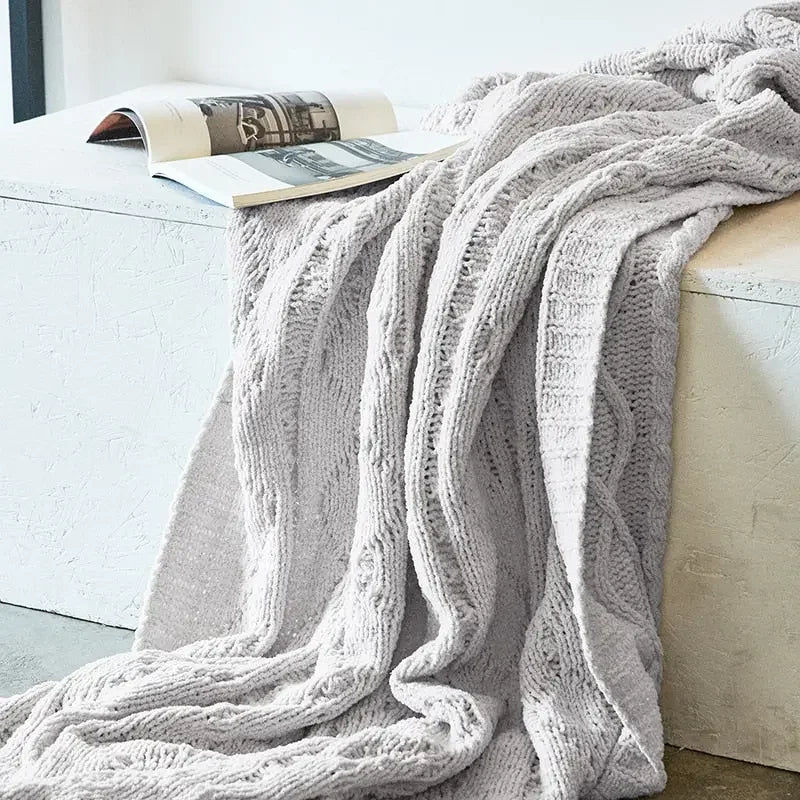 Chunky Knit Chenille Blanket With Pompoms