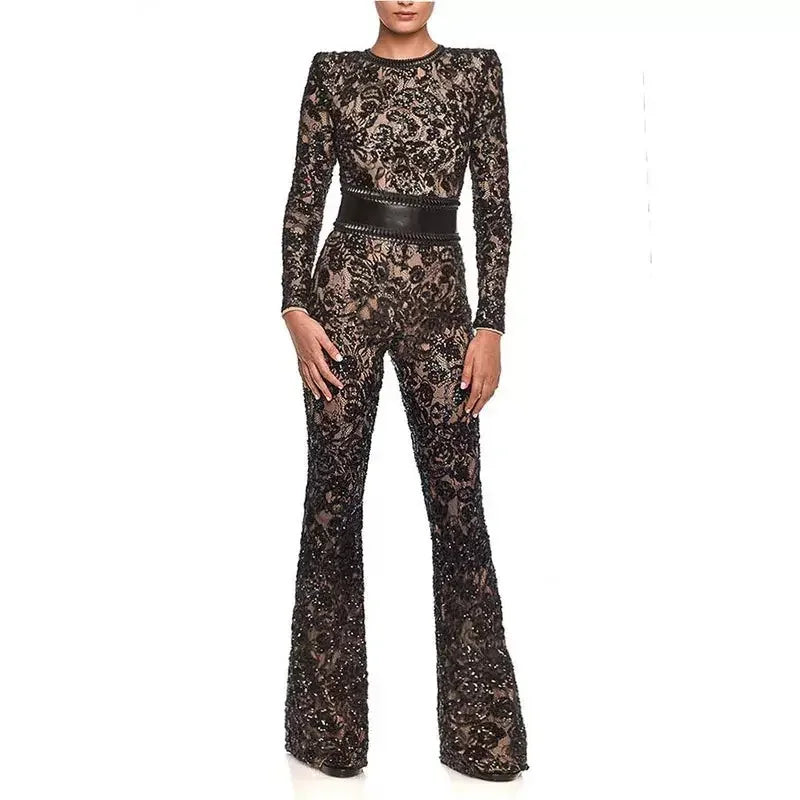 Elegant Lace Long Sleeve Bell-Bottom Jumpsuit