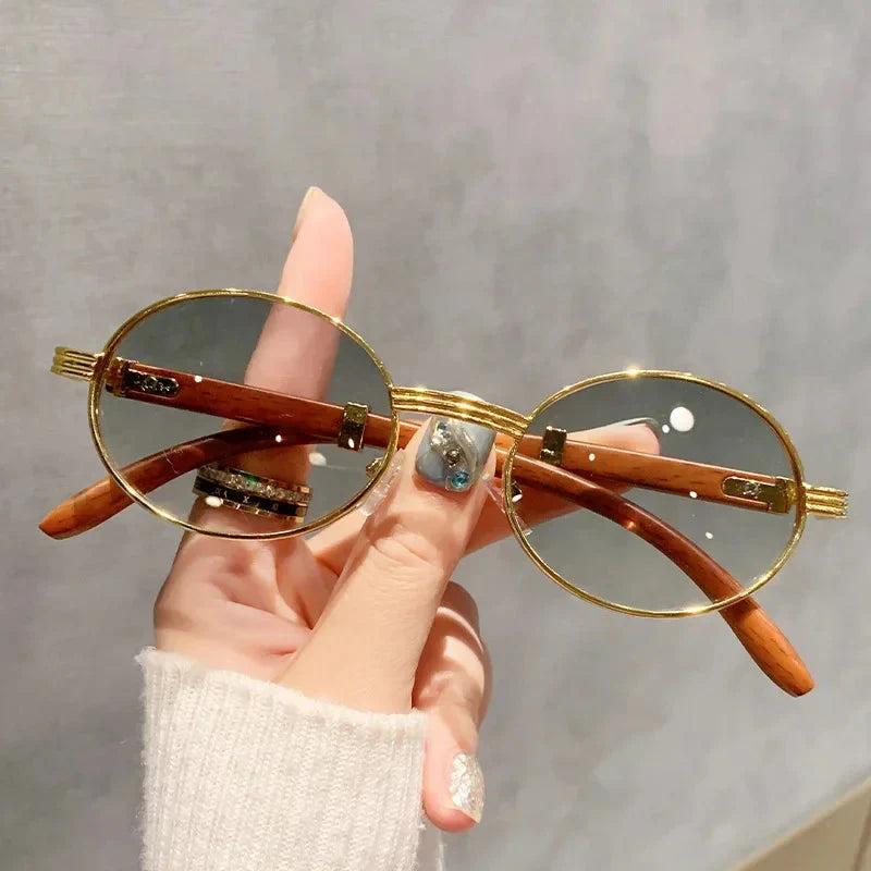 New Fashion Oval Sunglasses Men UV400 Sun Glasses Women Vintage Brand Designer Eyewear Imitation Wood Grain Sunglass