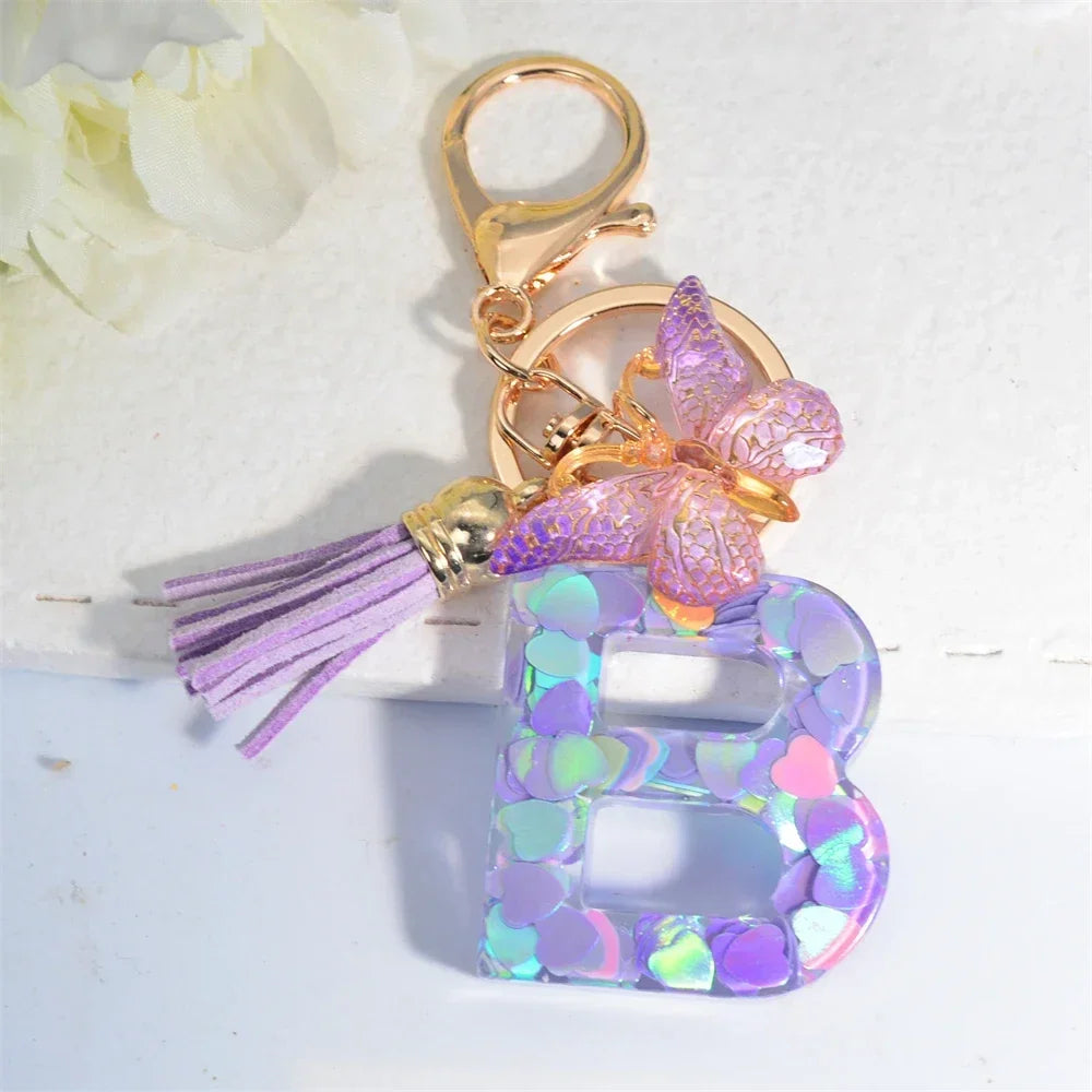 Purple Sequin Filled Name Keychain Butterfly Tassel 26 Alphabet Initials Keyrings Purse Wallet Handbag Ornament Women Girls Gift