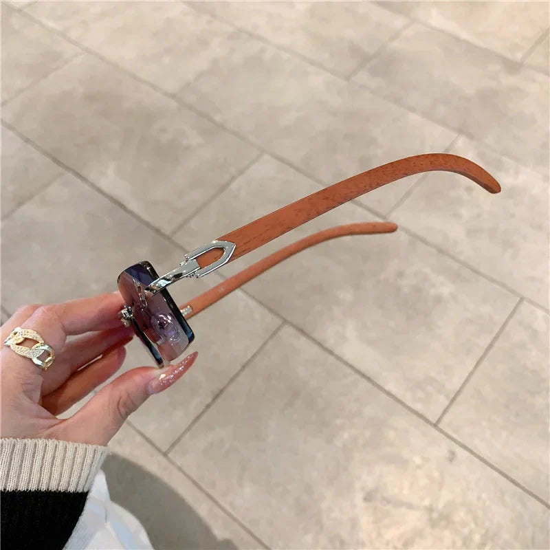 KAMMPT Rimless Sunglasses For Men Women Wooden Pattern Luxury Brand Retro Sun Glasses Fashion Shades UV400 Travel Outdoor